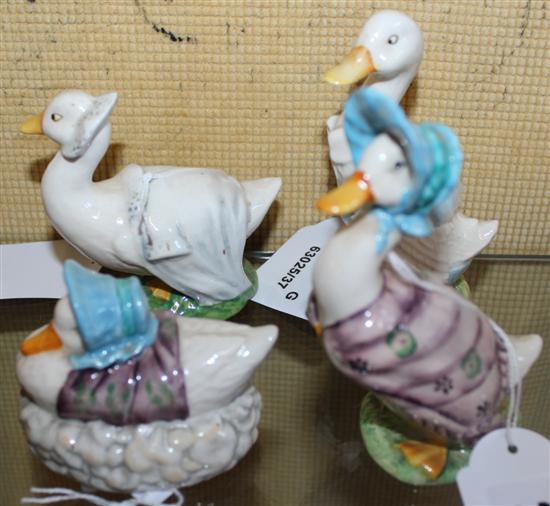 4 Beswick Beatrix Potter Puddle-Ducks, Jemima, Mr Drake, Jemima & nest & Rebecca, brown back stamps